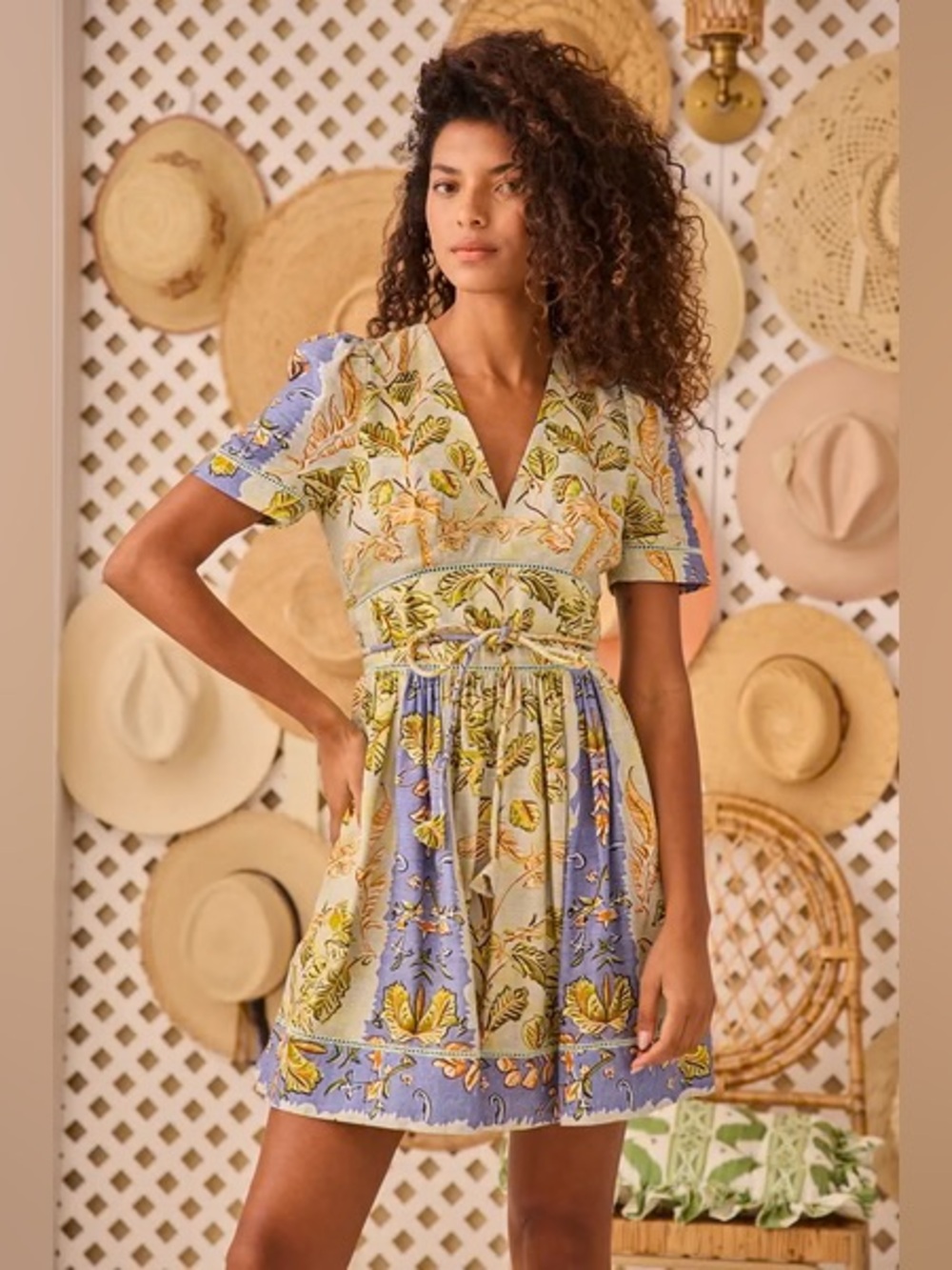 HUNTER BELL Roan Dress Floral Short Sleeve Mini Dress in Lavender and Cream